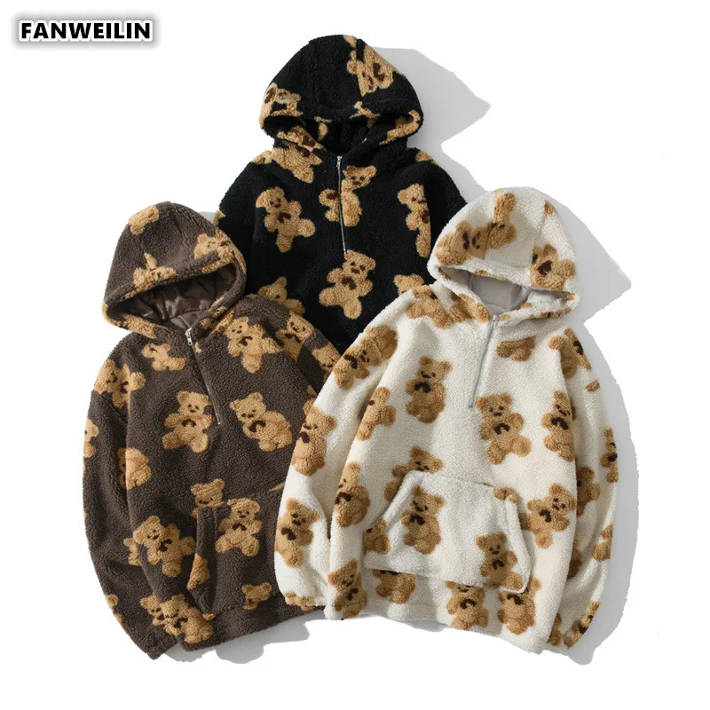 

Akatsuki Fashion Men's Lambswool Thicken Jackets Autumn Winter Vintage Bear Print Hooded Pullover Couple Zip UP Cardigan Hoodies