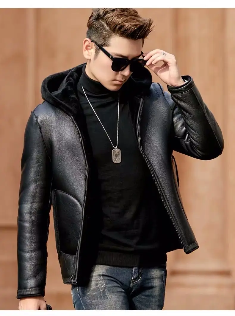 Шуба мужская из овчины с капюшоном короткая шуба искусственного меха 20100 |