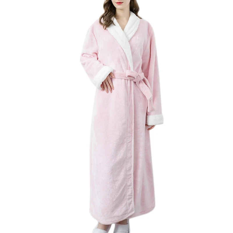 

Women Men Winter Flannel Sexy Lapel Bathrobe Thicken Coral Velvet Contrast Color Long Kimono Robe Warm Belted Nightgown Sleepwea