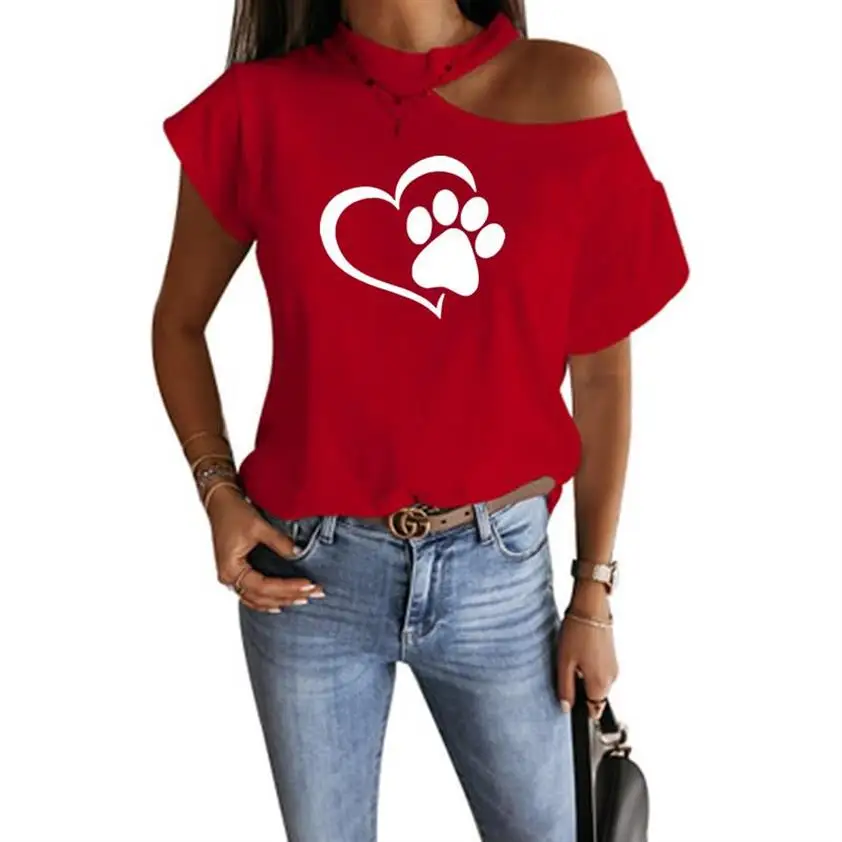 

New Fashion Cat Paw Letters Print T-Shirt For Women Casual Shoulder T-Shirt Harajuku Top Tshirt T-Shirt Female Cute Women Tops