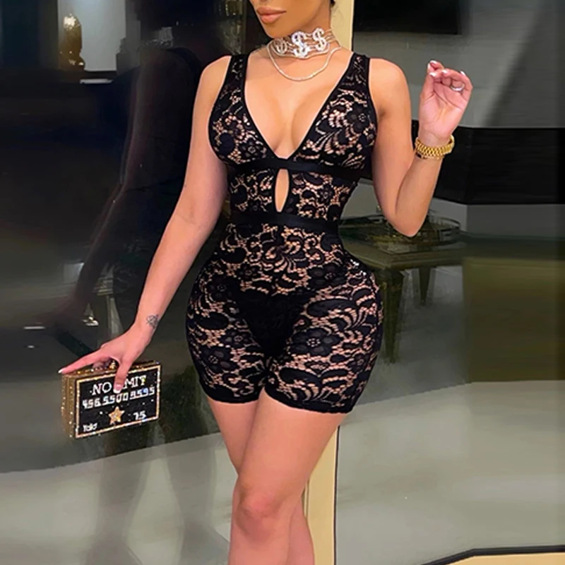 

Однотонный прозрачный сетчатый женский комбинезон без рукавов, сексуальный кружевной прозрачный женский комбинезон с V-образным вырезом