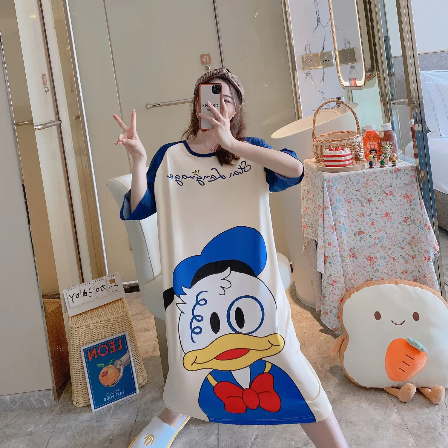 

Disney Nightdress Women Loose Sleepwear Cute Cartoon Printing Nightgown Summer Kawaii Short Sleeve Midi Dresses Casual Pijama