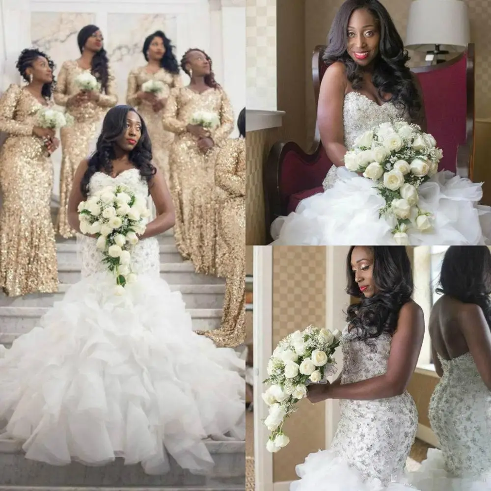 

Plus Size African Mermaid Wedding Dresses Sweetheart Gorgeous Major Beading Tiered Skirts Bridal Gowns Sweep Train Designer