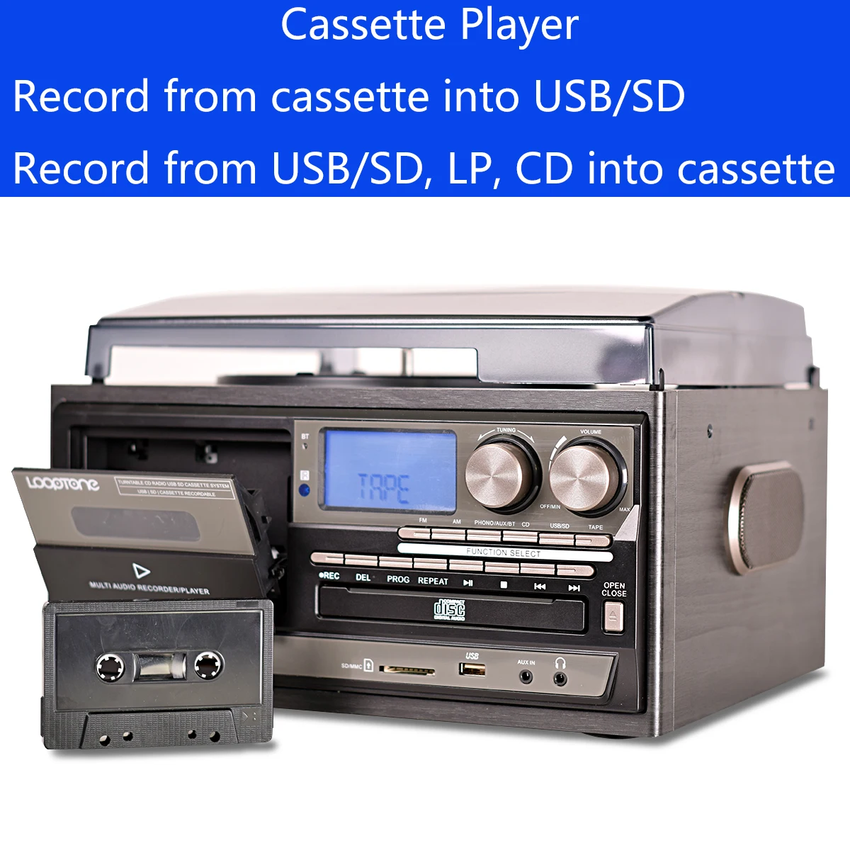 Винтажный проигрыватель для виниловых пластинок с 3 скоростями Bluetooth CD-И