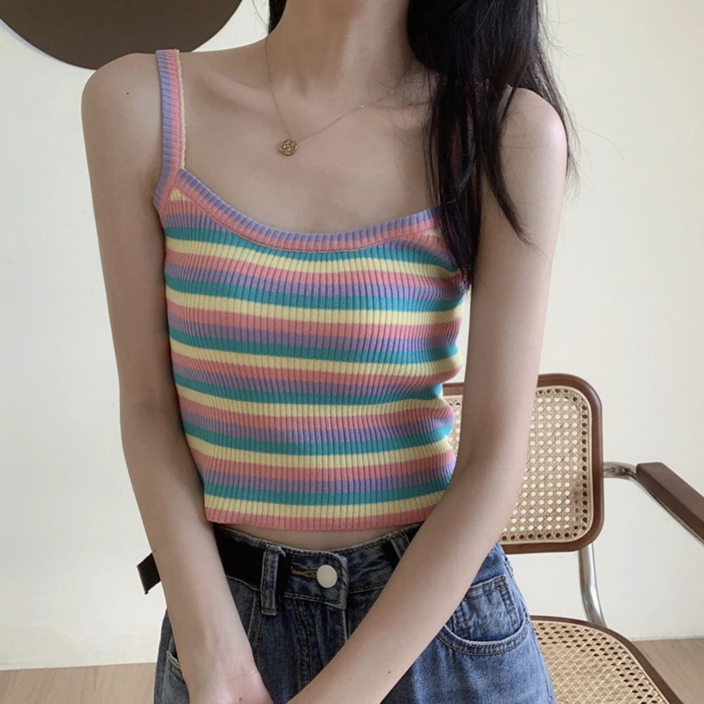 

Укороченный трикотажный топ с бретельками, полосатый топ без рукавов с открытой спиной, топы с вырезом лодочкой для женщин 2020, уличная одежд...