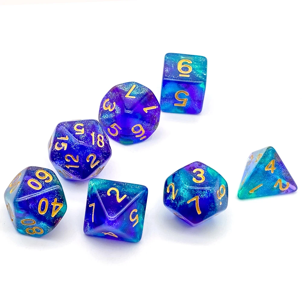 7Pcs/Set with Glitter Purple Green DND Dice Set D4 D6 D8 D10 D% D12 D20 Polyhedral for Role Playing Board Game RPG MTG | Спорт и