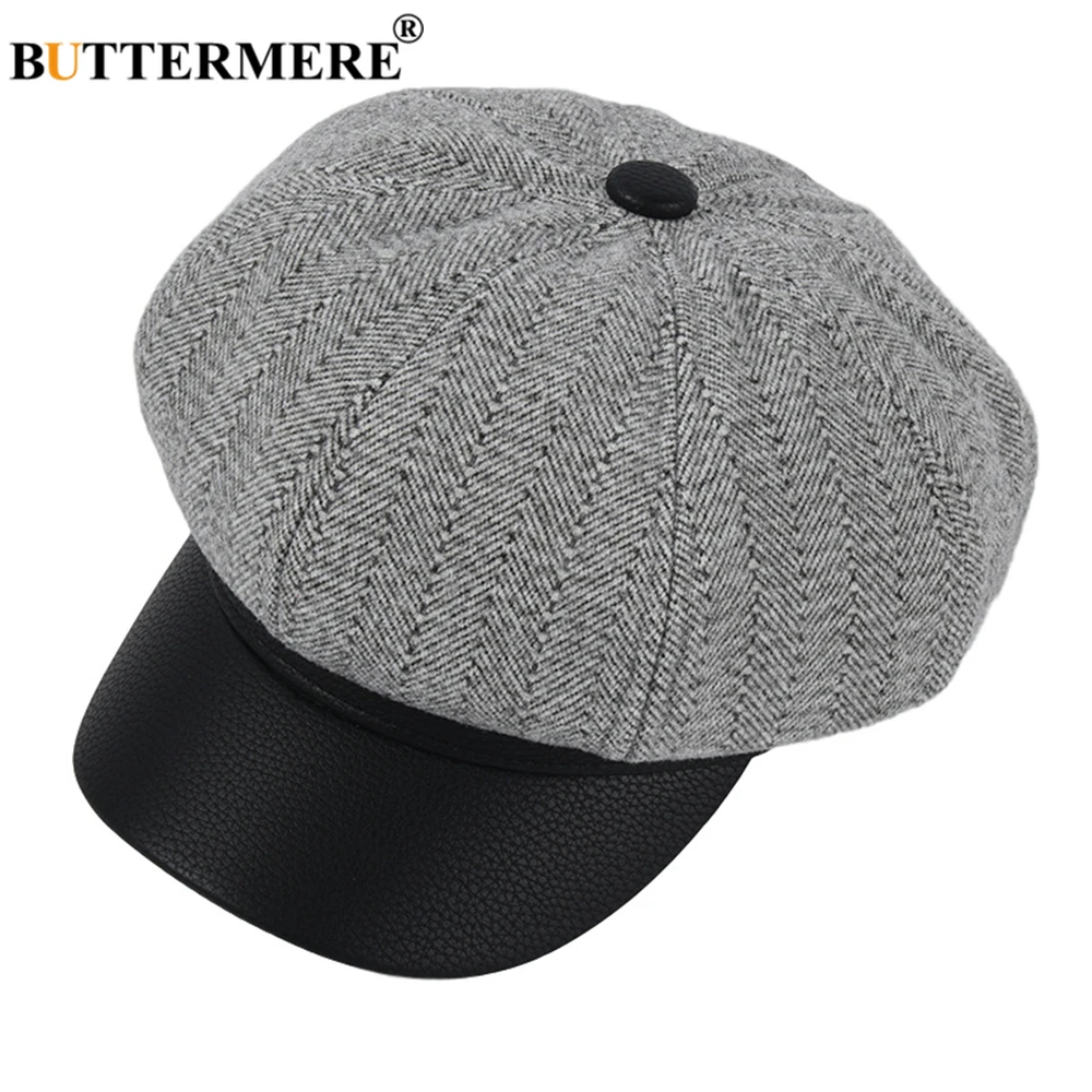 

BUTTERMERE Autumn Winter Hats for Women Newsboy Cap Herringbone Ladies Vintage Hat Female Woolen Leather Patchwork Flat Cap