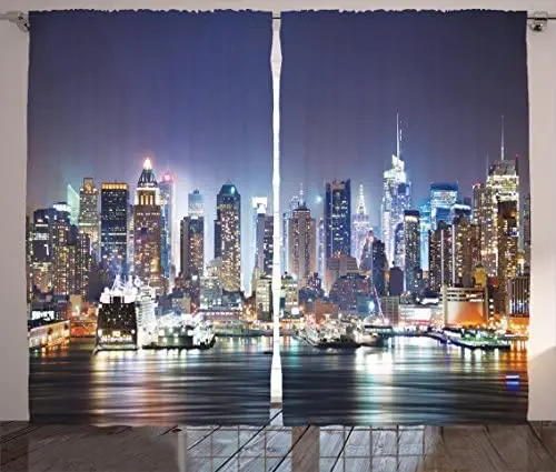 

New York Curtains Manhattan Skyline at Night Skyscrapers Panoramic on Tranquil River Picture Living Room Bedroom Window Drapes