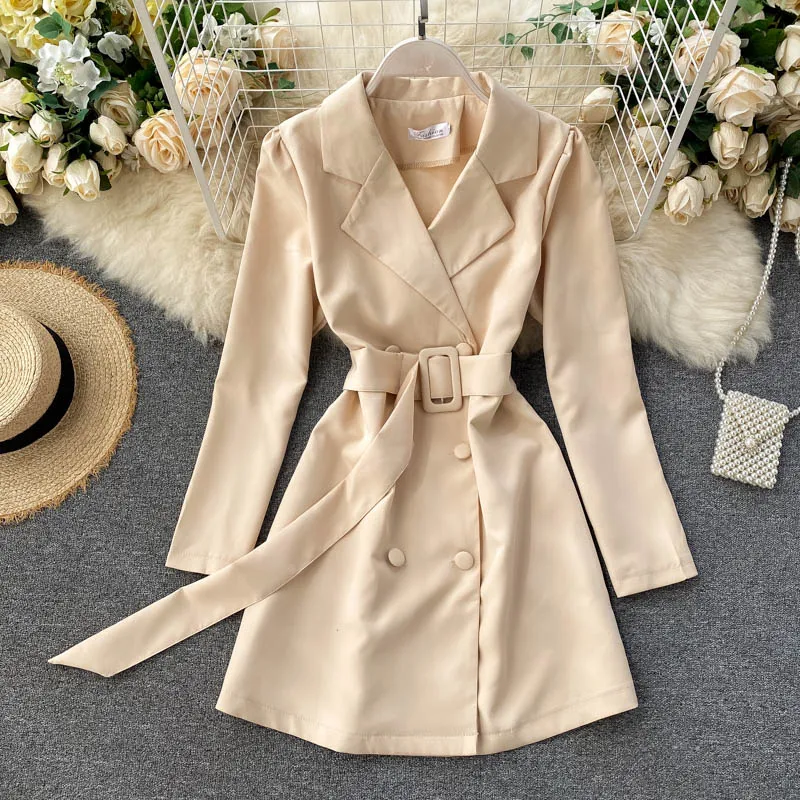 

New Women Streetwear Blazer Dress Spring Autumn Fashion Turn Down Collar Short Dresses Woman Double Breasted with Belt Dress