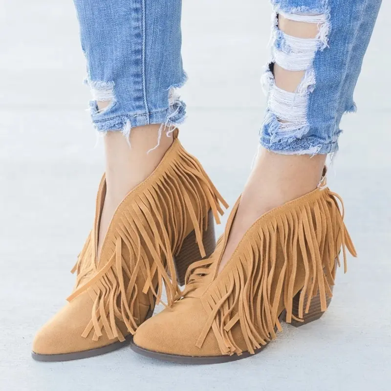 LOOZYKIT Chic Women Shoes Retro Fringe Suede High Heel Ankle Boot Female Mid Heels Casual Mujer Booties Feminina Plus Size 43 | Обувь