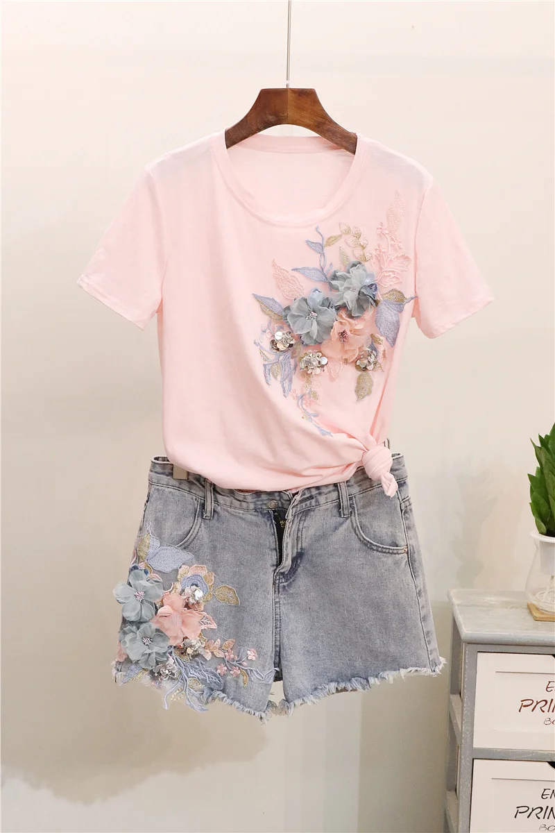 Женский комплект из двух предметов летняя хлопковая Футболка с трехмерными