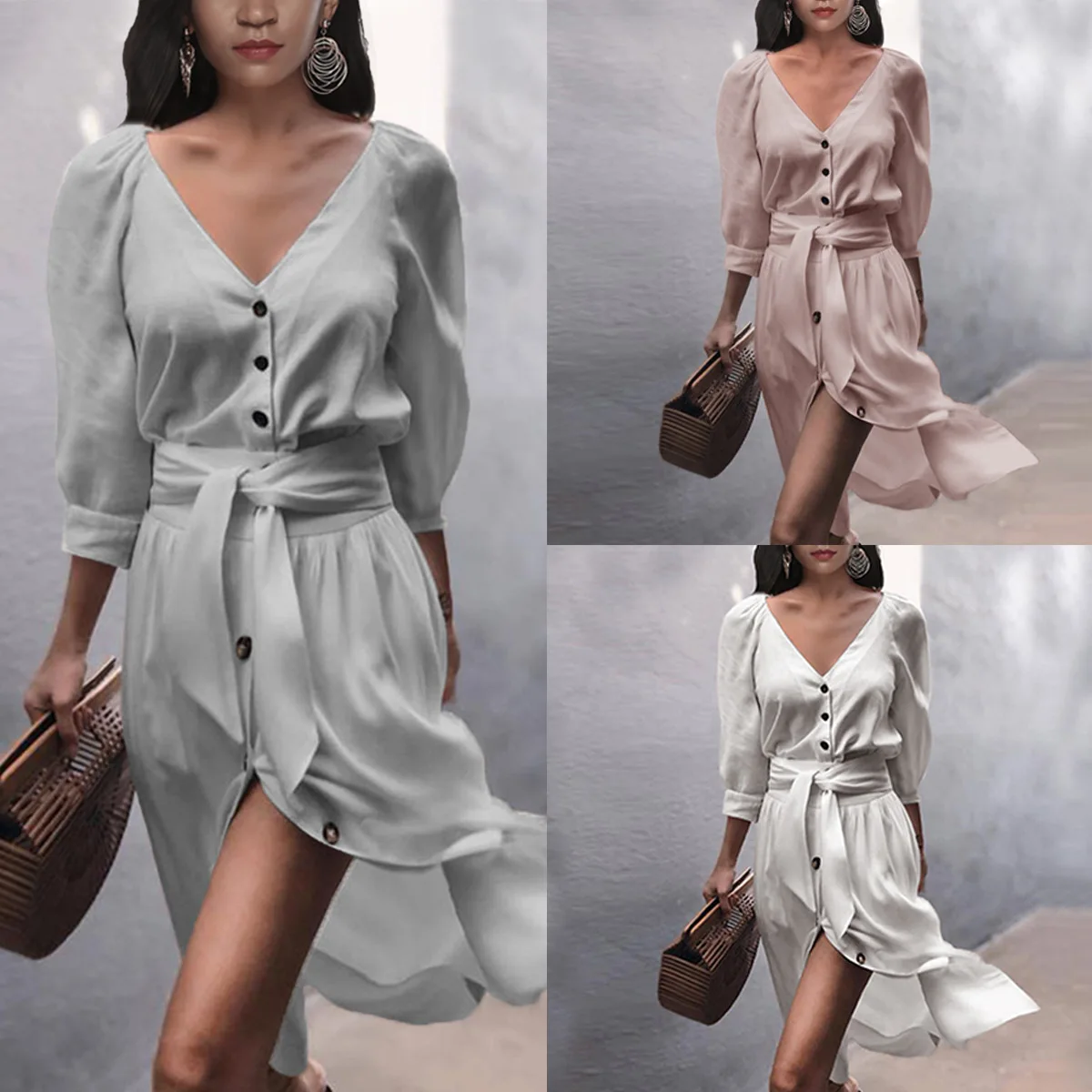 

New Womens Dress Long Sleeved V Neck Button Down Sexy Plus Size Dress Solid Color female vestido de mujer Dropshipping