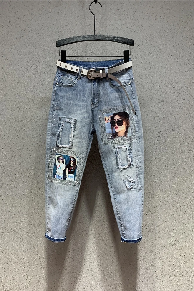 

Plus Size European Trend Summer Jeans New Holes Stickers High Waist Skinny Harem Pants Girls Students Streetwear Jeans Pants