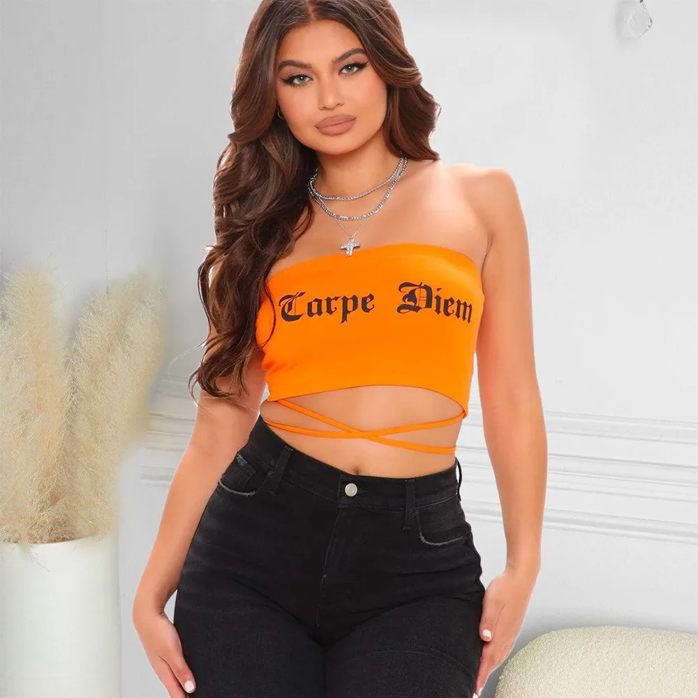 

Women's Fashion Letter Printing Tube Top Ladies Slash Neck Sleeveless Bandage Strapless Female Summer Beachwear Bodycon Crop Top