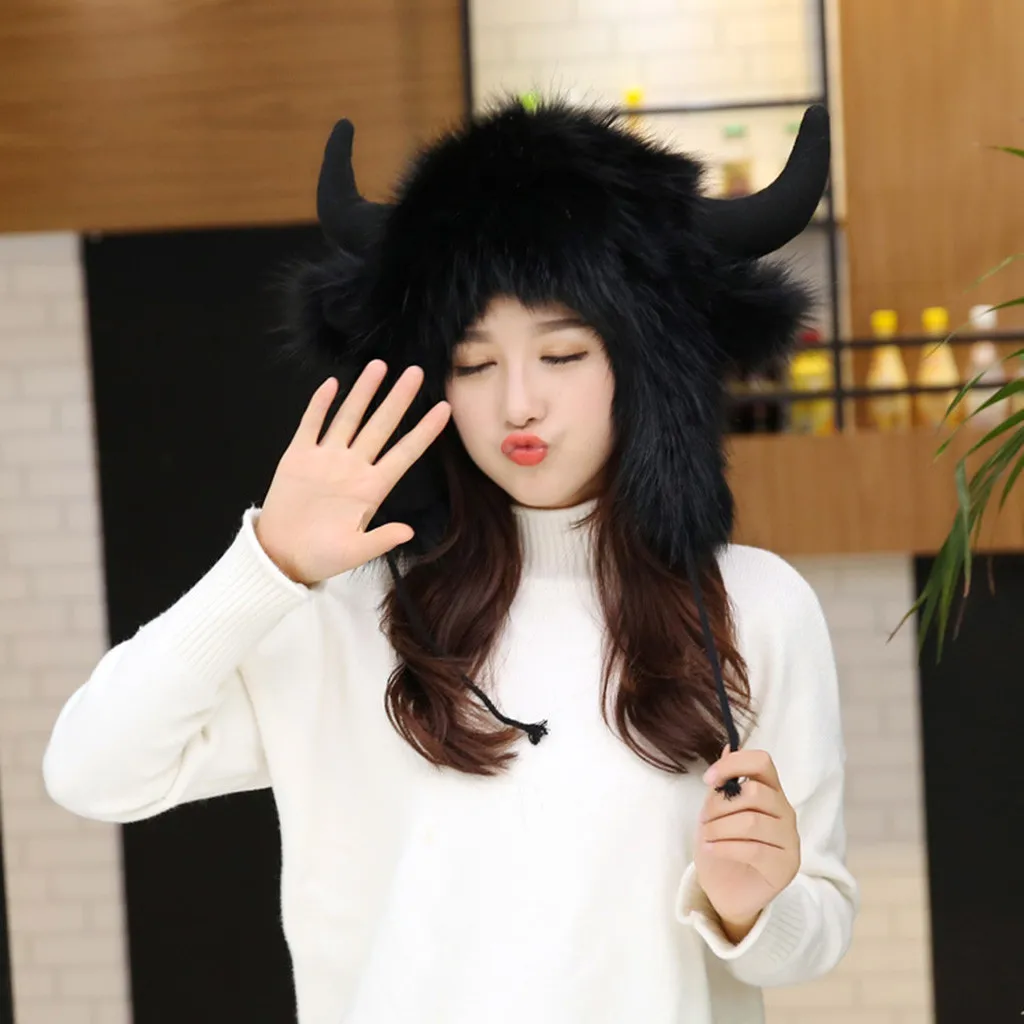 2019 зимняя очень теплая Милая мультяшная шапка с рогами для взрослых меховая