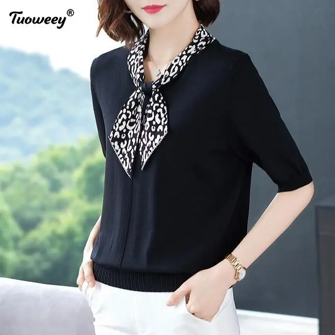 

Female Thin Section Stitching Scarf Collar Simple Bottoming Blouse Bowknot Fashion Mid-sleeved Knitted Shirt Women Spring Summer