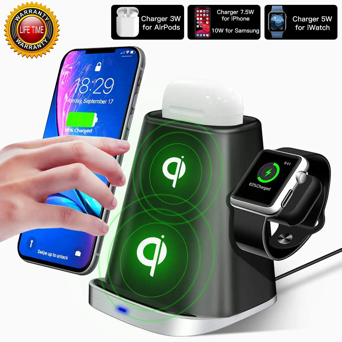 Qi Беспроводная зарядная подставка для iPhone X XS 8 Plus samsung S10 док станция Apple Watch Series 4 3 2