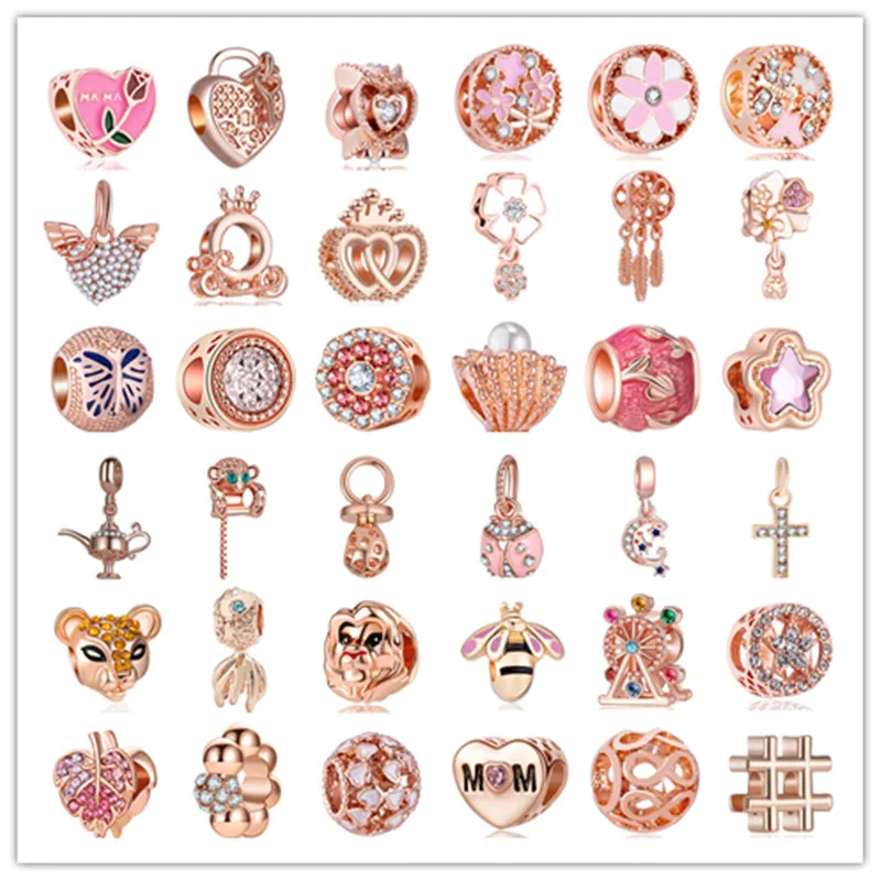 

New Mom Love Heart Crystal Flower Pendant Beads Fit Original Brand Charms Rose Gold Color Bracelet Women Jewelry Making Gift