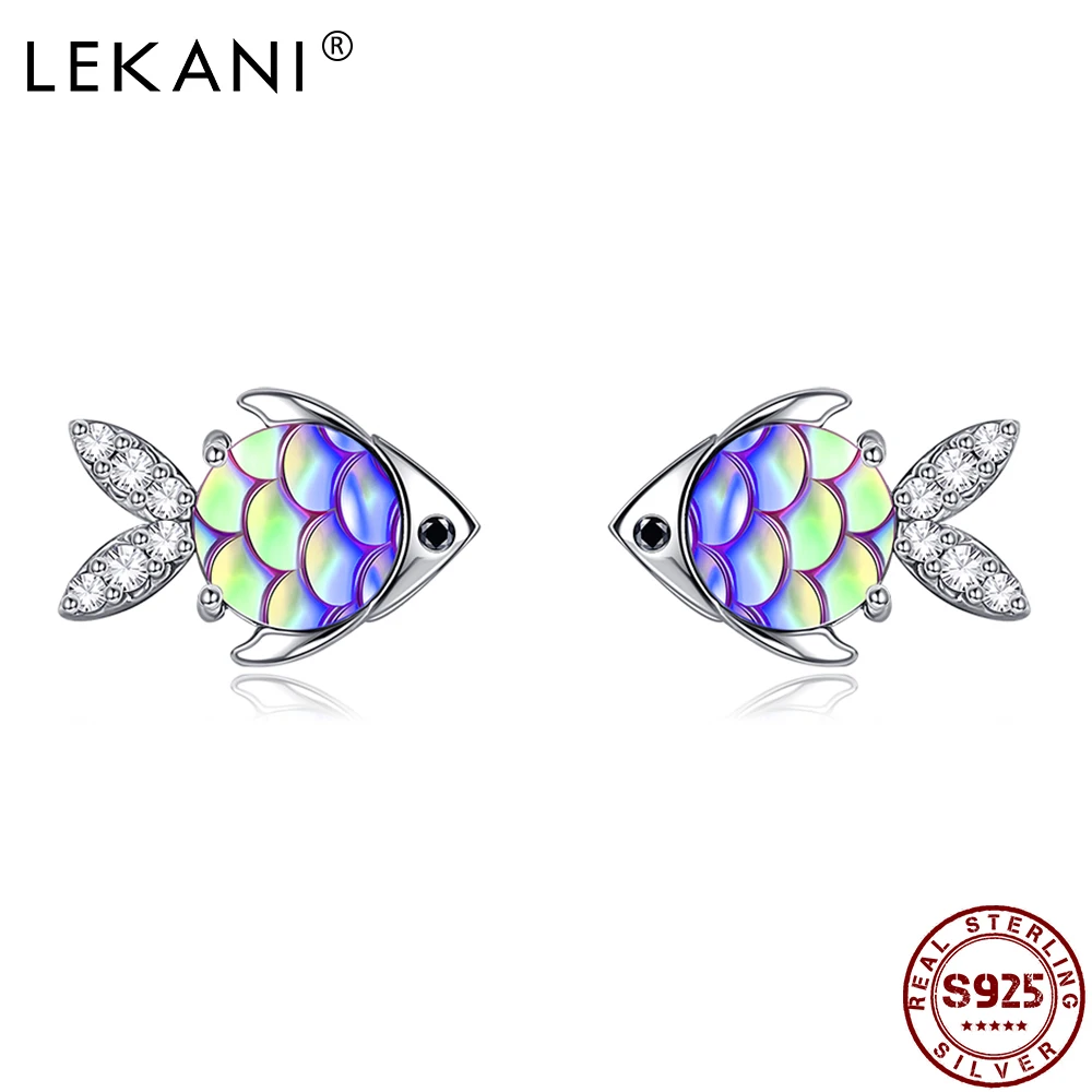 

LEKANI Real 925 Sterling Silver Happy Little Epoxy Fish Stud Earrings Cute Zircon Unusual Earrings For Women Jewelry 2022 Trend
