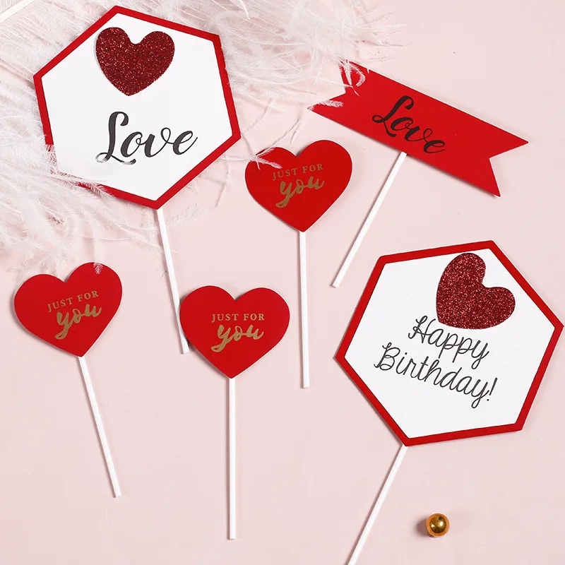 

1set Valentine's Day Cake Topper Romantic Red LOVE Happy Birthday Cupcake Topper Baking Cake Decoration Couples Party Favors