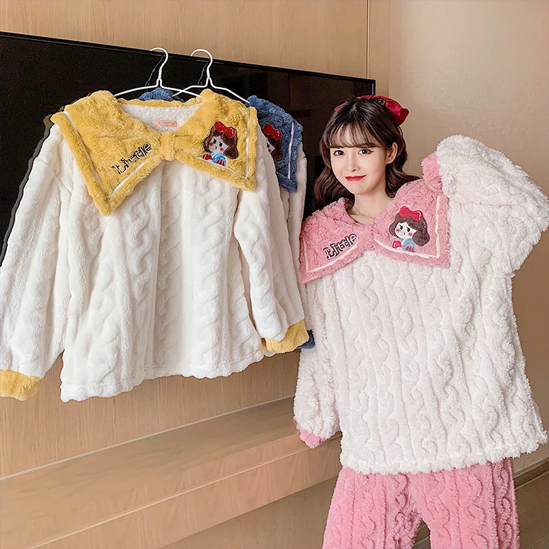 

Pajamas Women Winter New Jacquard Flannel Thick Warm Two Piece Sets Korean Sweet and Cute Coral Fleece Home Wear Suit Pajama Set