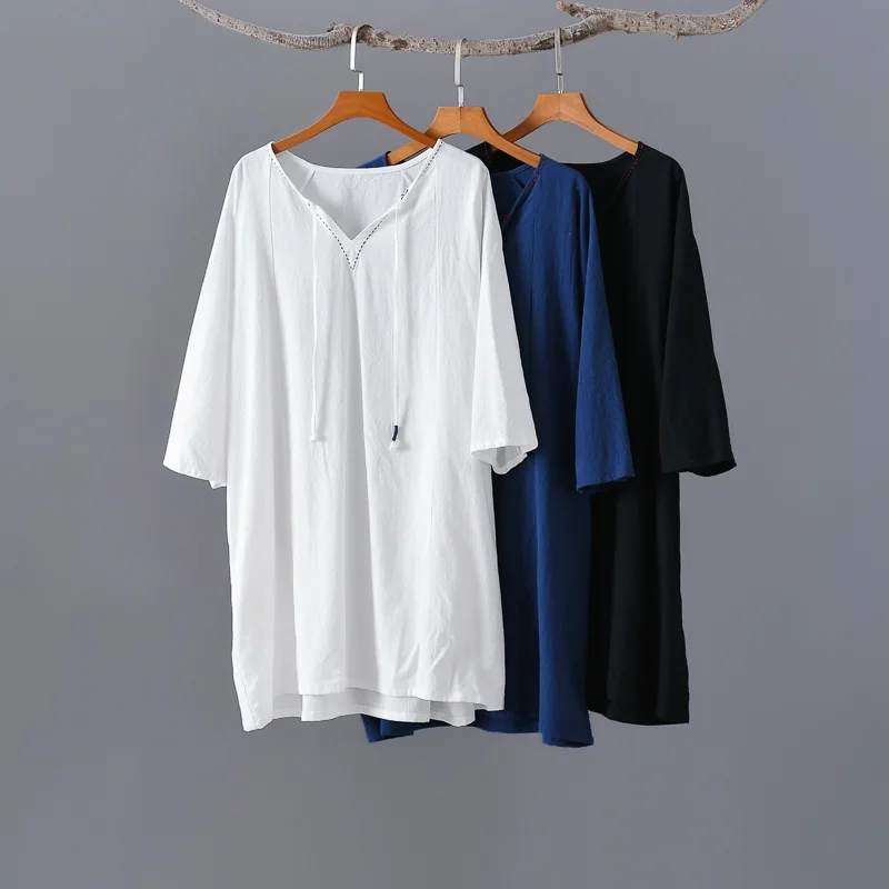 

Aransue National Style Cotton Linen Pullover Shirt Women Summer V-Neck Top Long Design Retro Chinese Tshirt Camisa