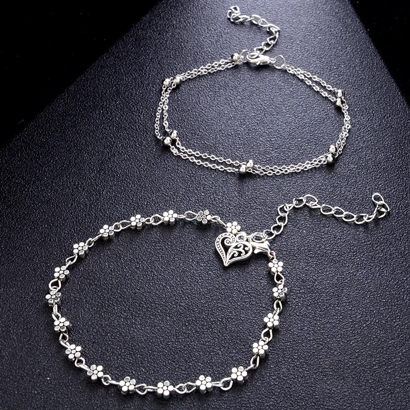 Женский винтажный браслет на ногу Sindlan Серебристый с бусинами в виде цветов