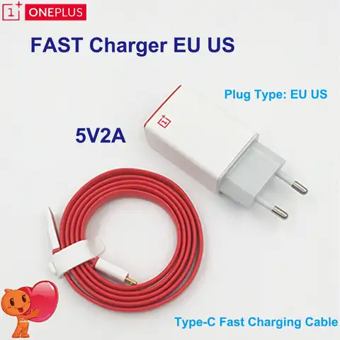 Оригинальное быстрое зарядное устройство Oneplus, ЕС/США, адаптер для зарядки, 5 В, 2 А, зарядный кабель для смартфона A Plus 2, 100 см/150 см, кабель для п...