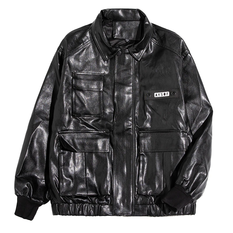 

11 BYBB'S DARK Tactics PU Leather Jackets Cargo Windbreaker Streetwear Multi-pocket PU Jacket Black Coats Male WB06