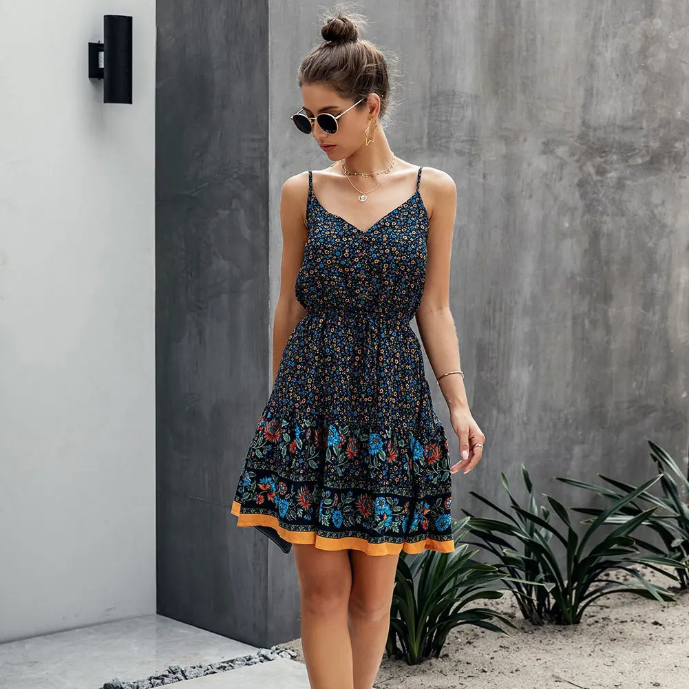 

Women Summer Sexy V Neck Floral Print Boho Adjustable Straps Buttons Drawstring Floral Print Beach A Line Dress