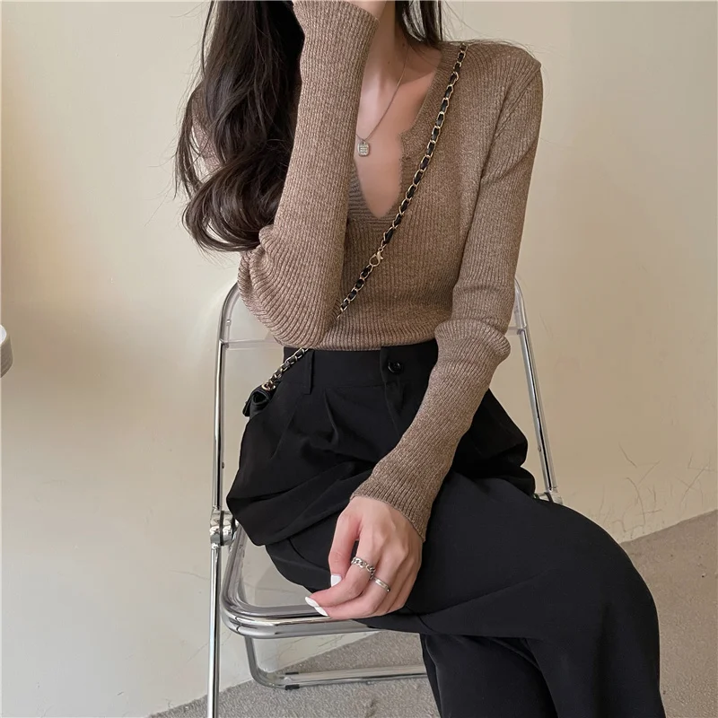 

Autumn/winter Long Sleeve Knitted T-shirt 2021 New Slim Fit Slim Design Sense of Minority V-neck Bottomed Shirt