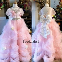 2020 pink flower girls dresses jewel neck beads hand made flowers bow tulle pageant dresses floor length girls party gowns