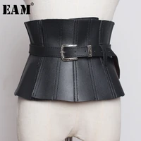 eam 2022 new spring summer pu leather black ruffles buckle split joint personality wide belt women fashion all match jw179