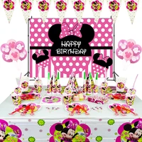 disney minnie mouse grils birthday party decoration paper plate cups banner straw tablecloth disposable party supplies set