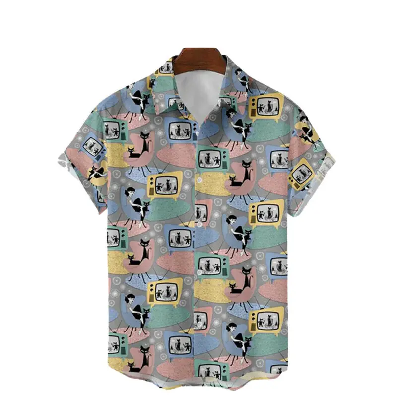 

Mens Shirts Girl And Cat Print Shirts For Men Summer Fashion Men Clothing Beach Shirts