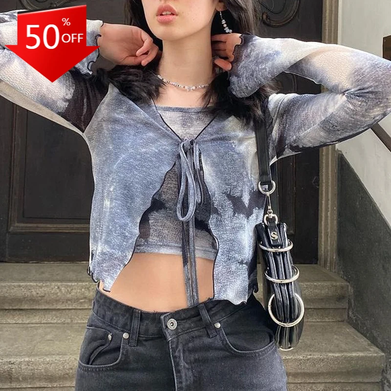 

Tie Dye Print T-shirt Female Autumn Spring Long Sleeve Front Lace Up V Neck Bandage Crop Top Y2K Aesthetic Women Tees Streetwear
