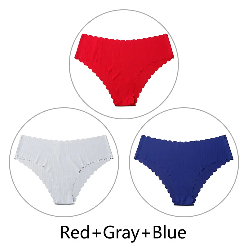 Red Gray Blue 3 шт./партия, сексуальные бесшовные трусики с оборками для женщин, полосатые трусы с низкой посадкой, цельное нижнее белье, женское нижнее белье, американский размер xs-l - Цвет: Red Gray Blue