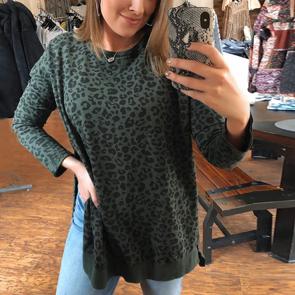 Женская футболка с разрезом осень 2019 леопардовая круглым вырезом приталенная