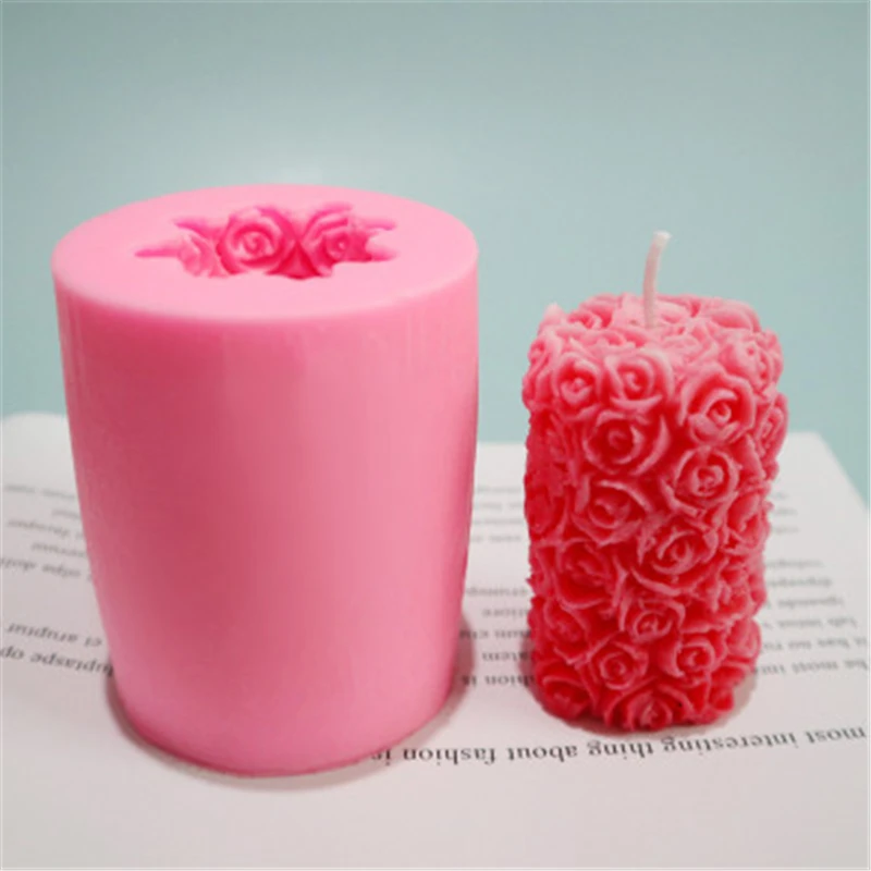 

3D cylinder candle slicone mold with rose-shaped border for handmade rose long column hand soap birthday cake toppers decoration