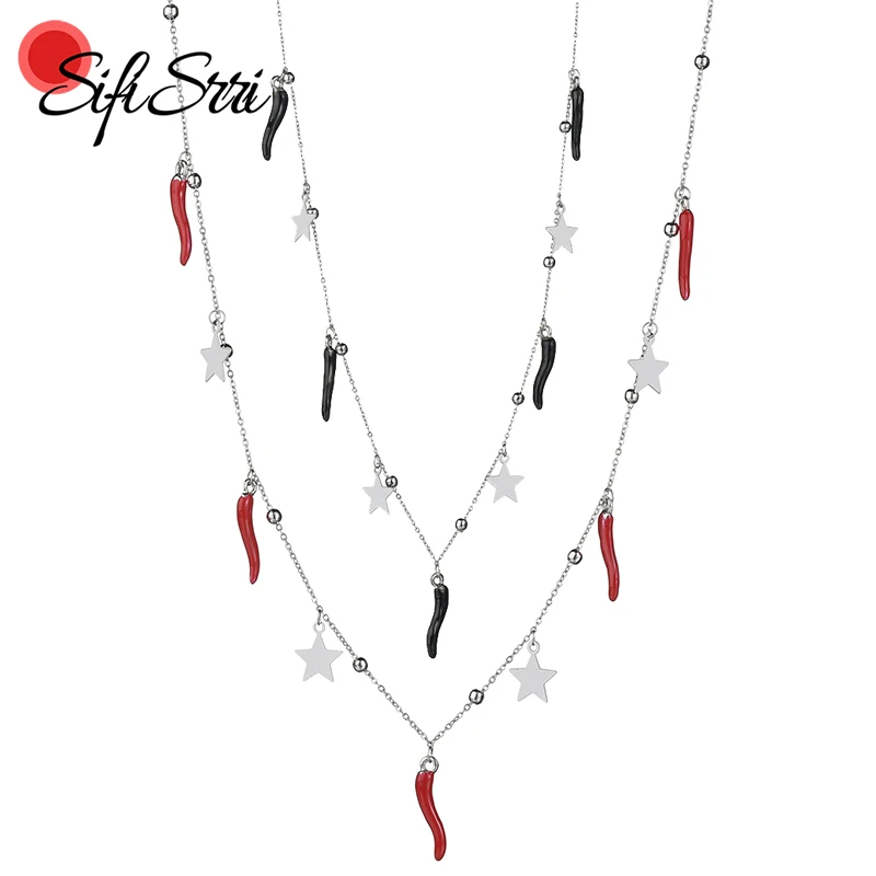 

Sifisrri Lovely Chili Star Pendant Necklace Simple Stainless Steel Chain Necklaces For Women Charm Jewelry Christmas Gift Collar