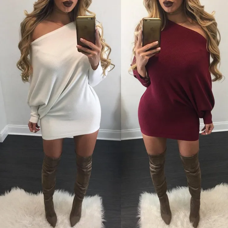 

Spring and Autumn fashion ladies dress solid color patching bat sleeve off-shoulder sweater tight sexy dress