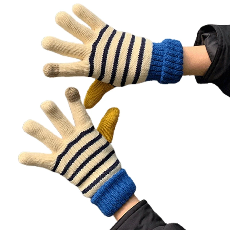 

Womens Winter Warm Lovely Wool Color Matching Stripes Inside Plush Gloves J78E