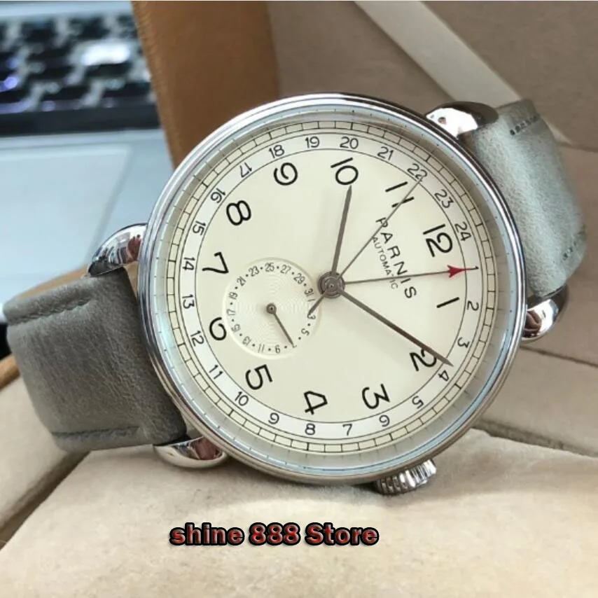 Мужские автоматические механические часы Parnis с кожаным ремешком 42 мм GMT|Мужские