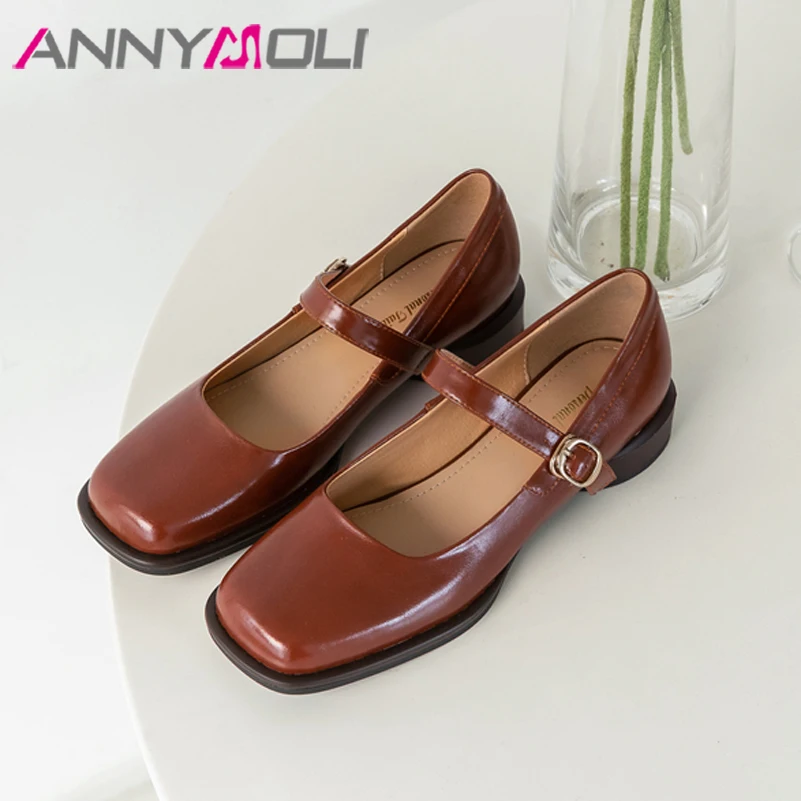 

Туфли ANNYMOLI женские из натуральной кожи, Туфли Мэри Джейн, плоская подошва, с пряжкой, квадратный носок, черные, коричневые, весна-осень 2022