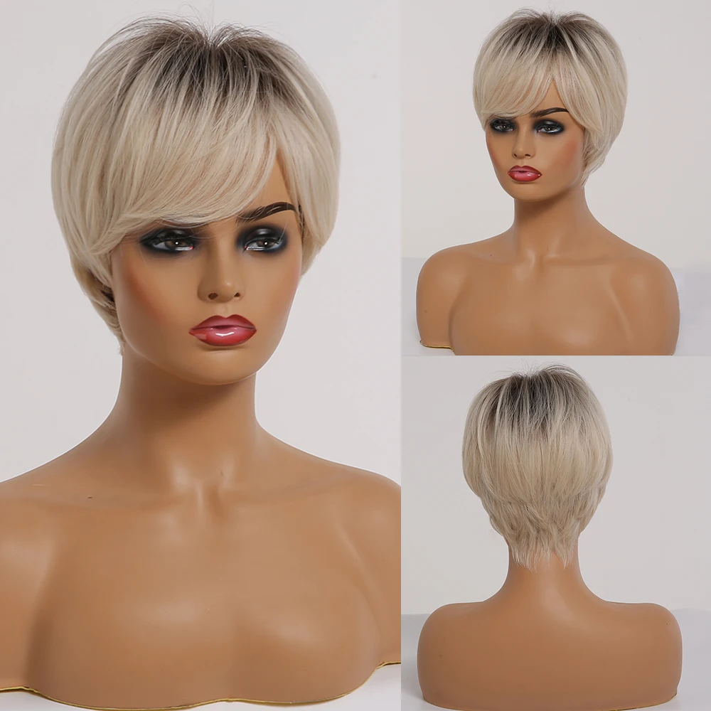 

ALAN EATON Women's Wig Ombre Black Brown Light Blonde White Short Straight Layered Hair Synthetic Wigs with Side Bangs Pixie Cut