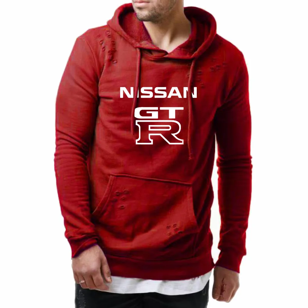 

Unisex Men Hoodies GTR Car Logo Print Spring Autumn unique Hole Hoodies Solid color Men Sweatshirt Casual Hoody