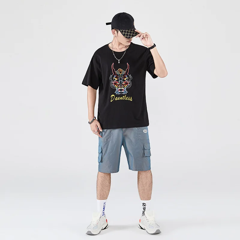 

Wimilous Men's T-shirt 2021New Trendy Fashion insShort-Sleeve Baggy Chinese Fashion Dragon Embroidered