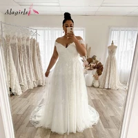 alagirls 2021 elegant wedding dress plus size a line off the shoulder lace appliques tulle sweep train bridal gown custom made