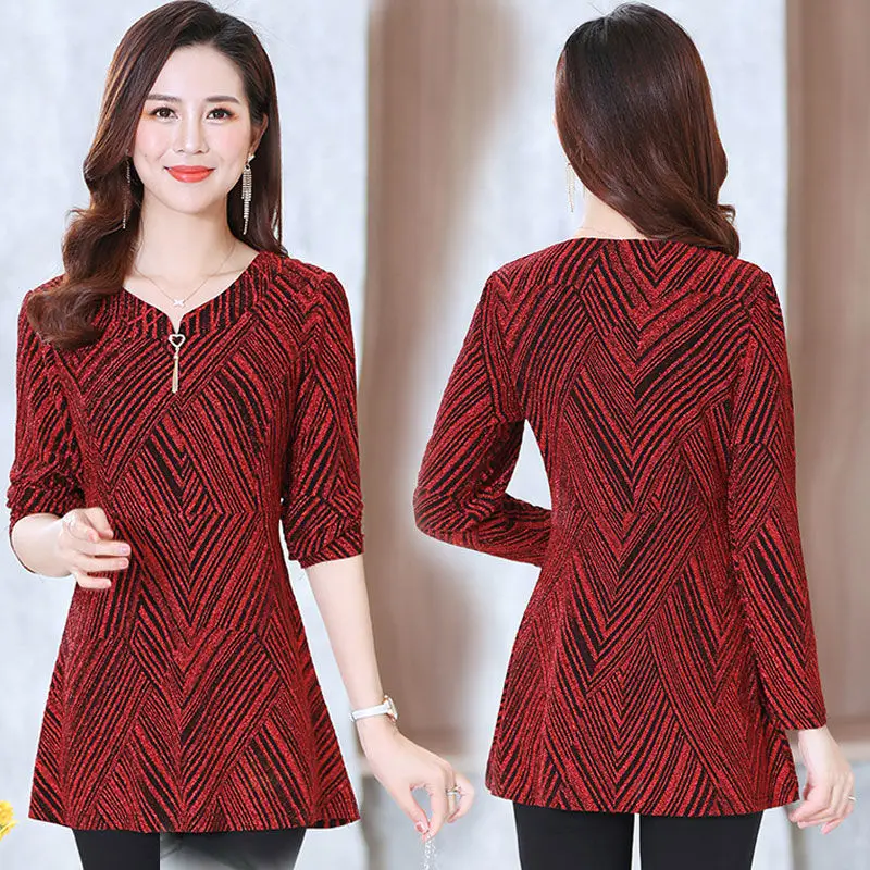 

2020 New Spring Autumn Middle Age Women's Fashion Plus Size 5XL Shirts Mother Elegant V Neck Print Blusas Blouse Tops A160