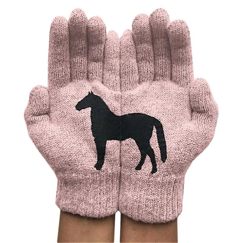 

Women Black Horse Printing Gloves Outdoor Winter Warmer Thicken Stretchy Gloves